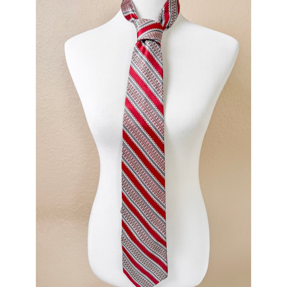 Robert‎ Talbott Studio Silk Tie Red Blue Gold Geometric Stripe Wide 4" USA